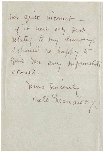 GREENAWAY, KATE. Two items: Autograph Letter Signed * Partly-printed Document Signed.